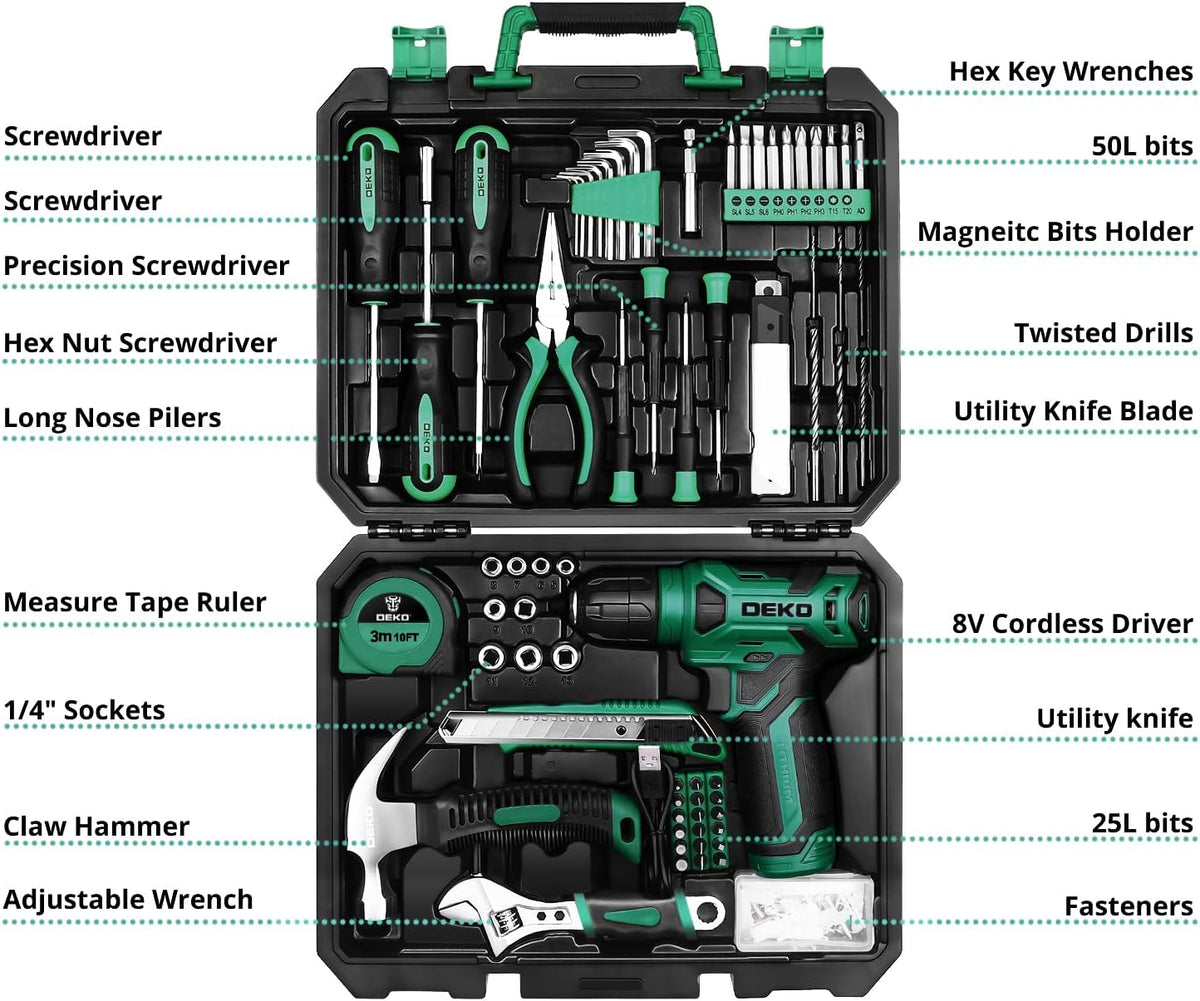 Tool Kit: 8V Cordless Drill, Home Toolbox with storage case, Hand Tool set for Home Repairs 126 Piece, Green