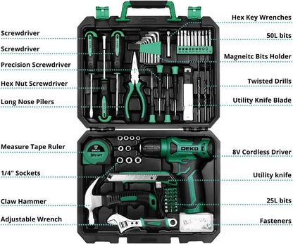 Tool Kit: 8V Cordless Drill, Home Toolbox with storage case, Hand Tool set for Home Repairs 126 Piece, Green