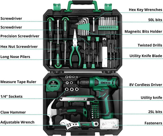 Tool Kit: 8V Cordless Drill, Home Toolbox with storage case, Hand Tool set for Home Repairs 126 Piece, Green