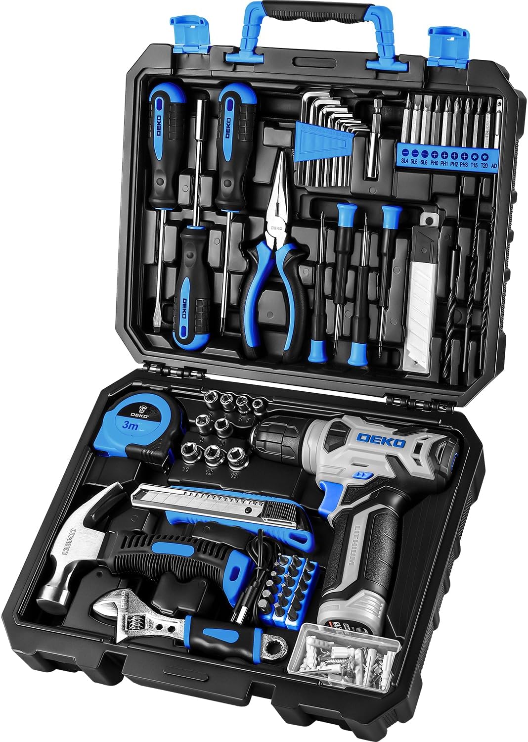 Tool Kit: 8V Cordless Drill, Home Toolbox with storage case, Hand Tool set for Home Repairs 126 Piece, Green