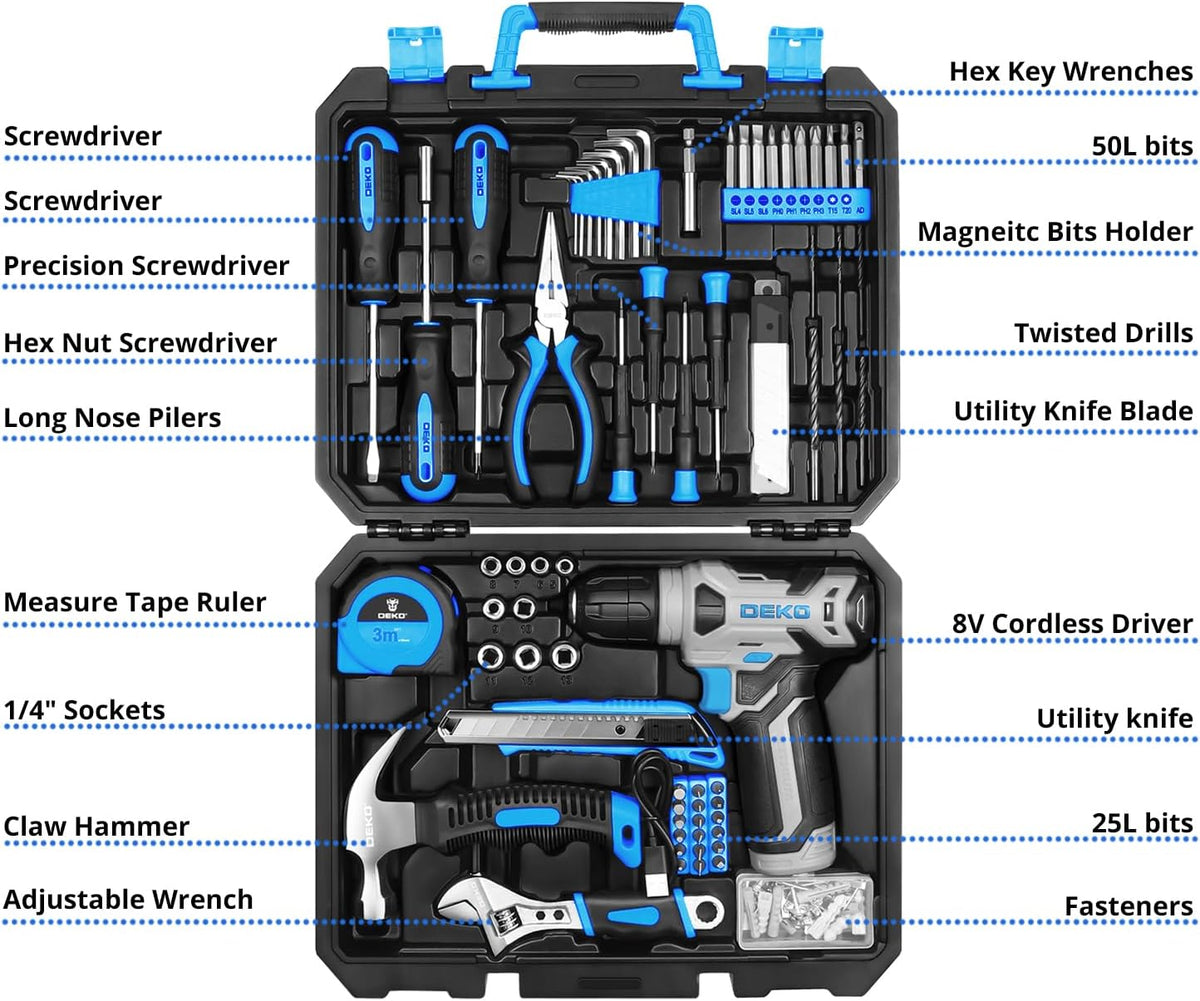 Tool Kit: 8V Cordless Drill, Home Toolbox with storage case, Hand Tool set for Home Repairs 126 Piece, Green