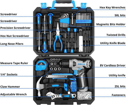 Tool Kit: 8V Cordless Drill, Home Toolbox with storage case, Hand Tool set for Home Repairs 126 Piece, Green