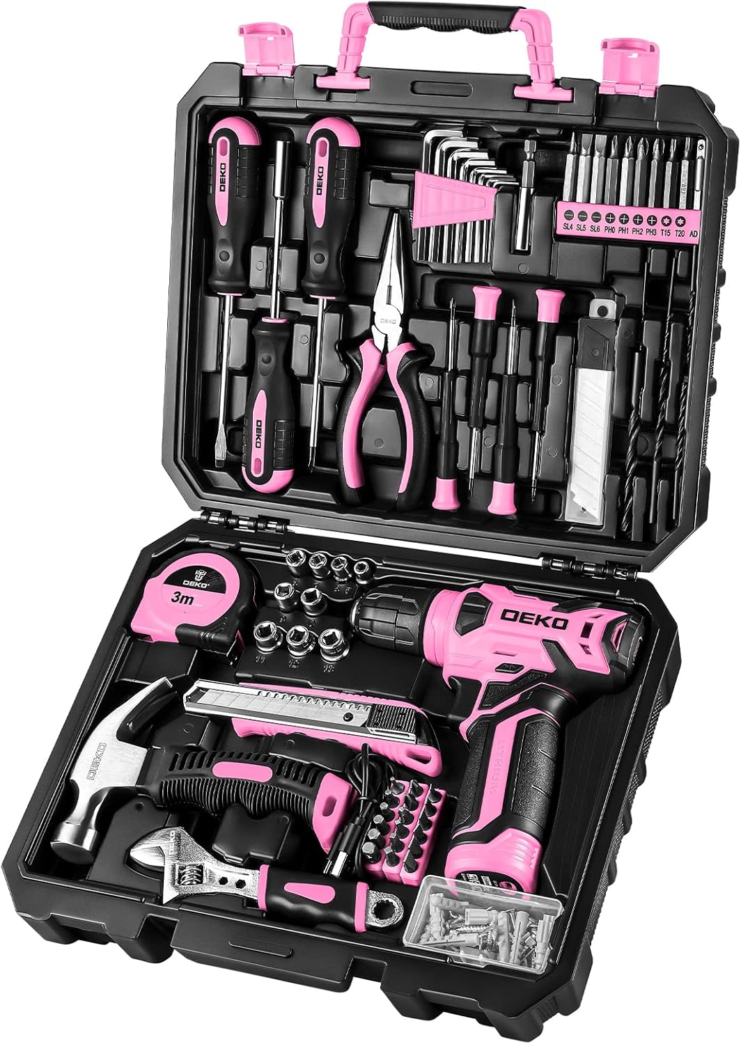 Tool Kit: 8V Cordless Drill, Home Toolbox with storage case, Hand Tool set for Home Repairs 126 Piece, Green