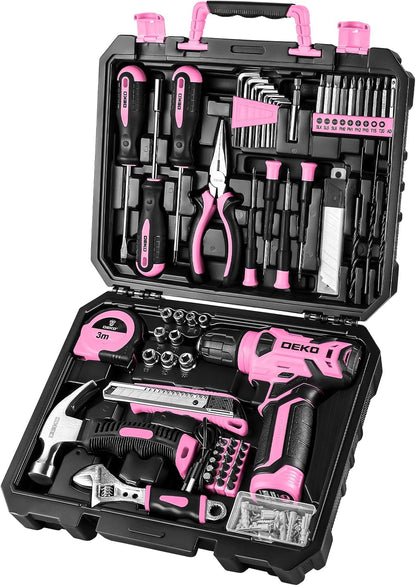 Tool Kit: 8V Cordless Drill, Home Toolbox with storage case, Hand Tool set for Home Repairs 126 Piece, Green