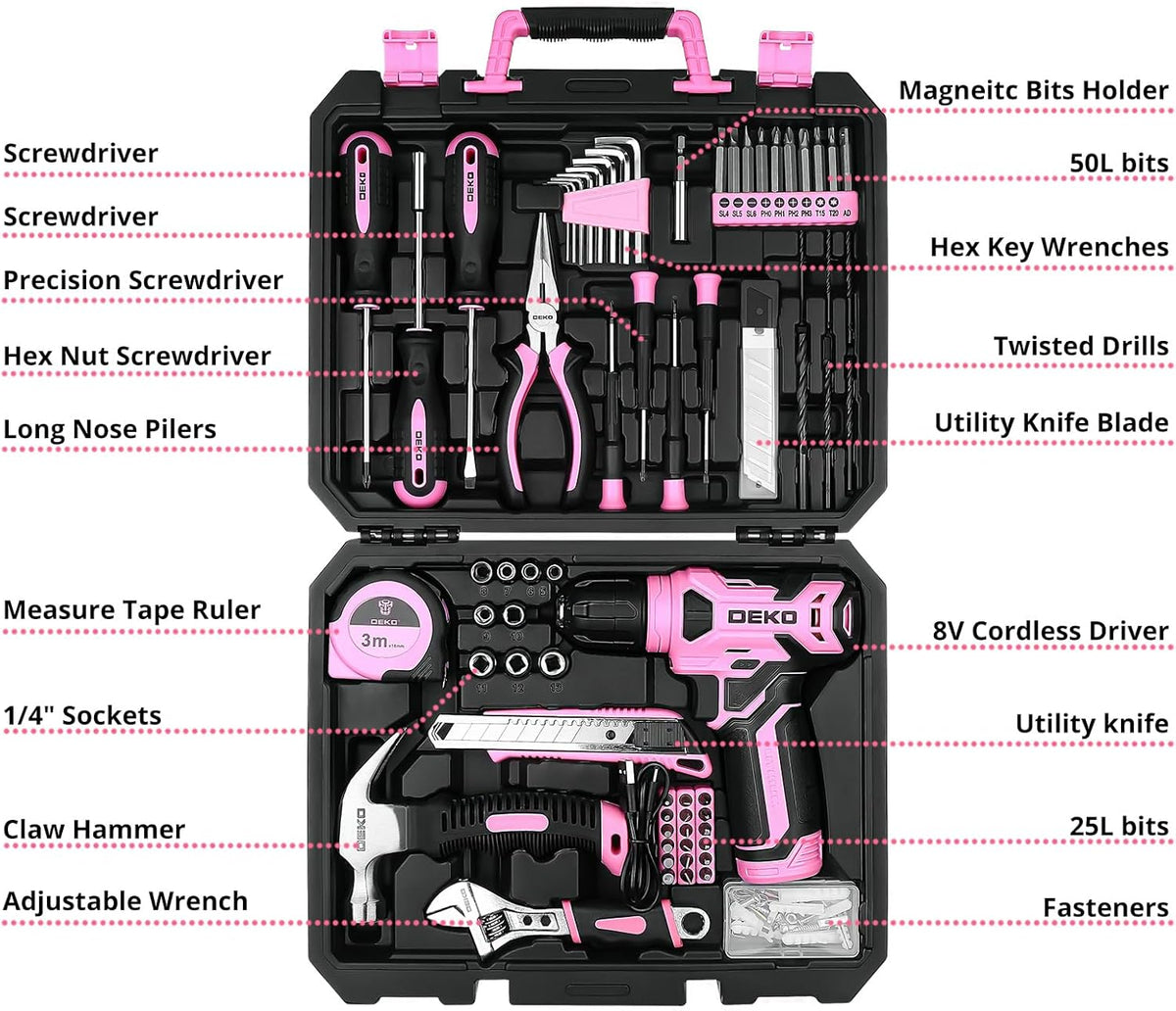 Tool Kit: 8V Cordless Drill, Home Toolbox with storage case, Hand Tool set for Home Repairs 126 Piece, Green