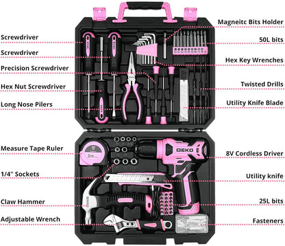 Tool Kit: 8V Cordless Drill, Home Toolbox with storage case, Hand Tool set for Home Repairs 126 Piece, Green