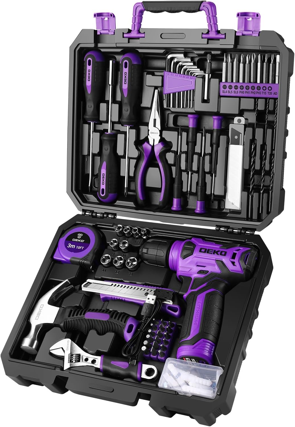 Tool Kit: 8V Cordless Drill, Home Toolbox with storage case, Hand Tool set for Home Repairs 126 Piece, Green