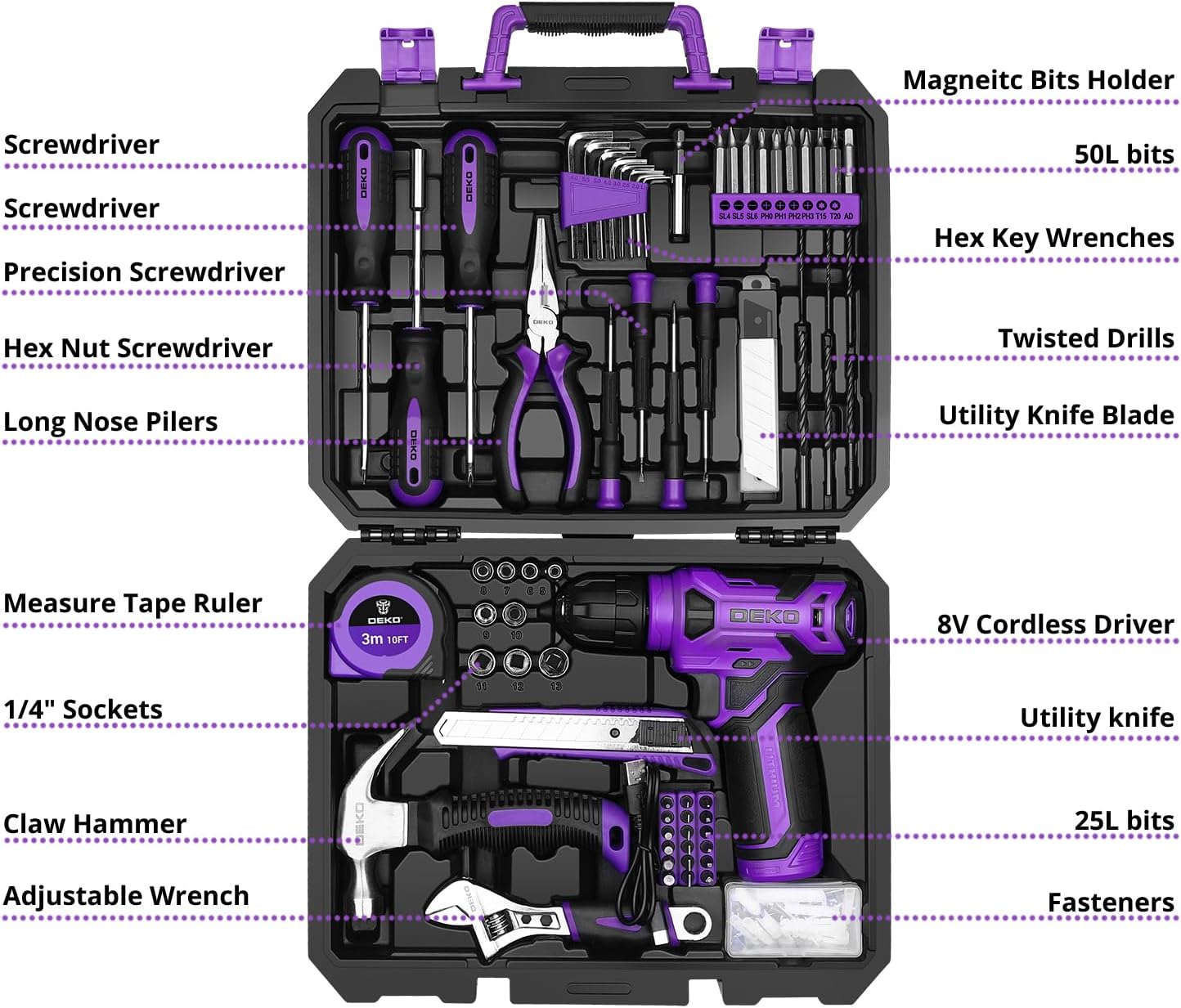 Tool Kit: 8V Cordless Drill, Home Toolbox with storage case, Hand Tool set for Home Repairs 126 Piece, Green