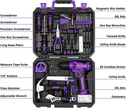 Tool Kit: 8V Cordless Drill, Home Toolbox with storage case, Hand Tool set for Home Repairs 126 Piece, Green