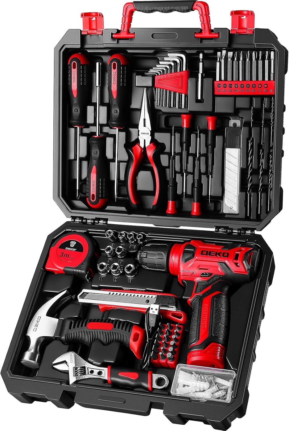 Tool Kit: 8V Cordless Drill, Home Toolbox with storage case, Hand Tool set for Home Repairs 126 Piece, Green