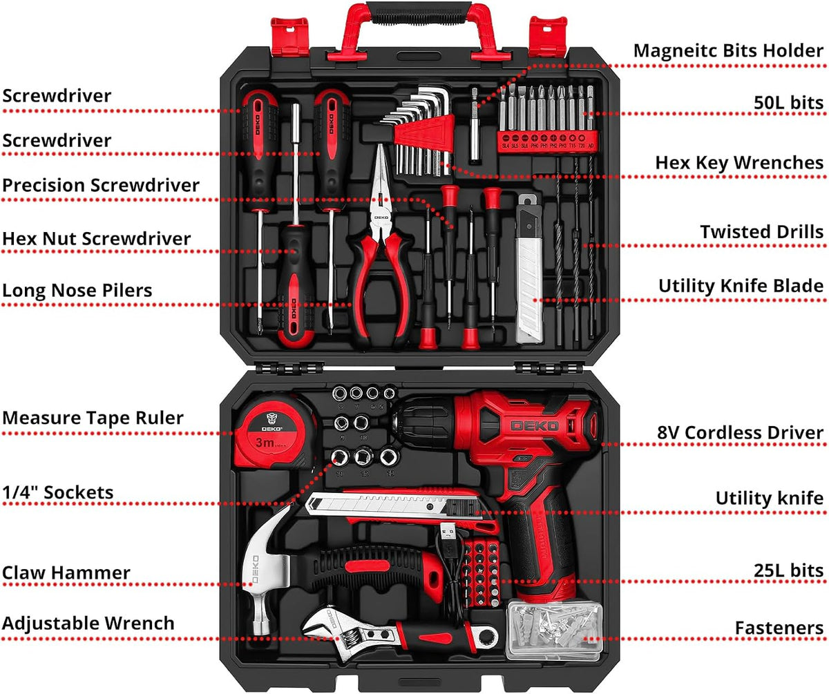 Tool Kit: 8V Cordless Drill, Home Toolbox with storage case, Hand Tool set for Home Repairs 126 Piece, Green