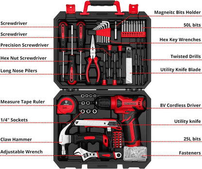 Tool Kit: 8V Cordless Drill, Home Toolbox with storage case, Hand Tool set for Home Repairs 126 Piece, Green