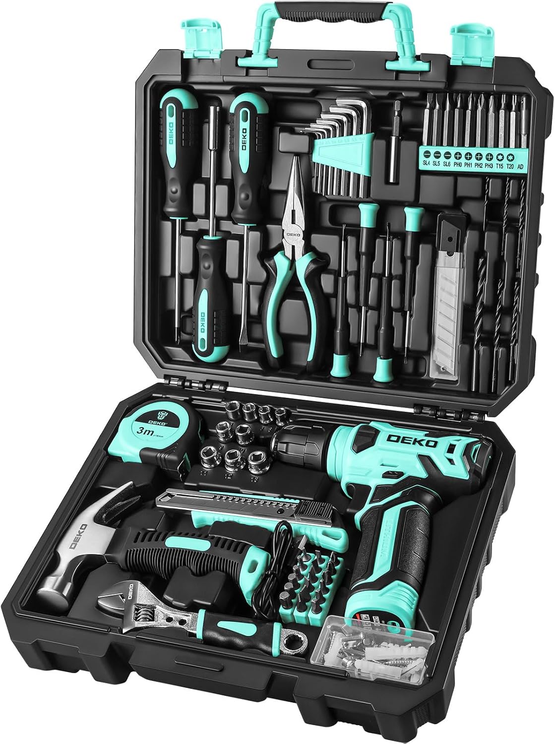 Tool Kit: 8V Cordless Drill, Home Toolbox with storage case, Hand Tool set for Home Repairs 126 Piece, Green