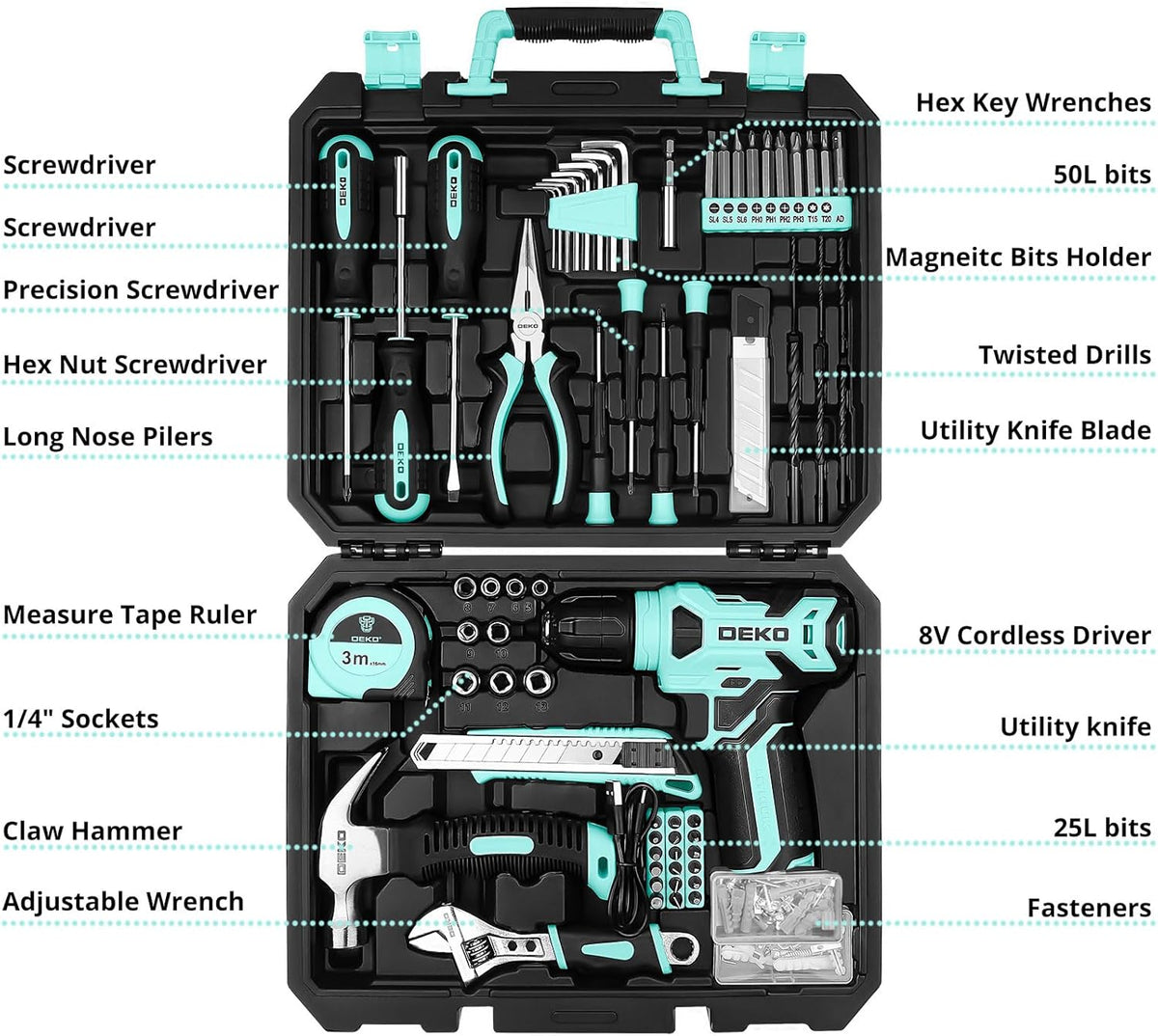 Tool Kit: 8V Cordless Drill, Home Toolbox with storage case, Hand Tool set for Home Repairs 126 Piece, Green