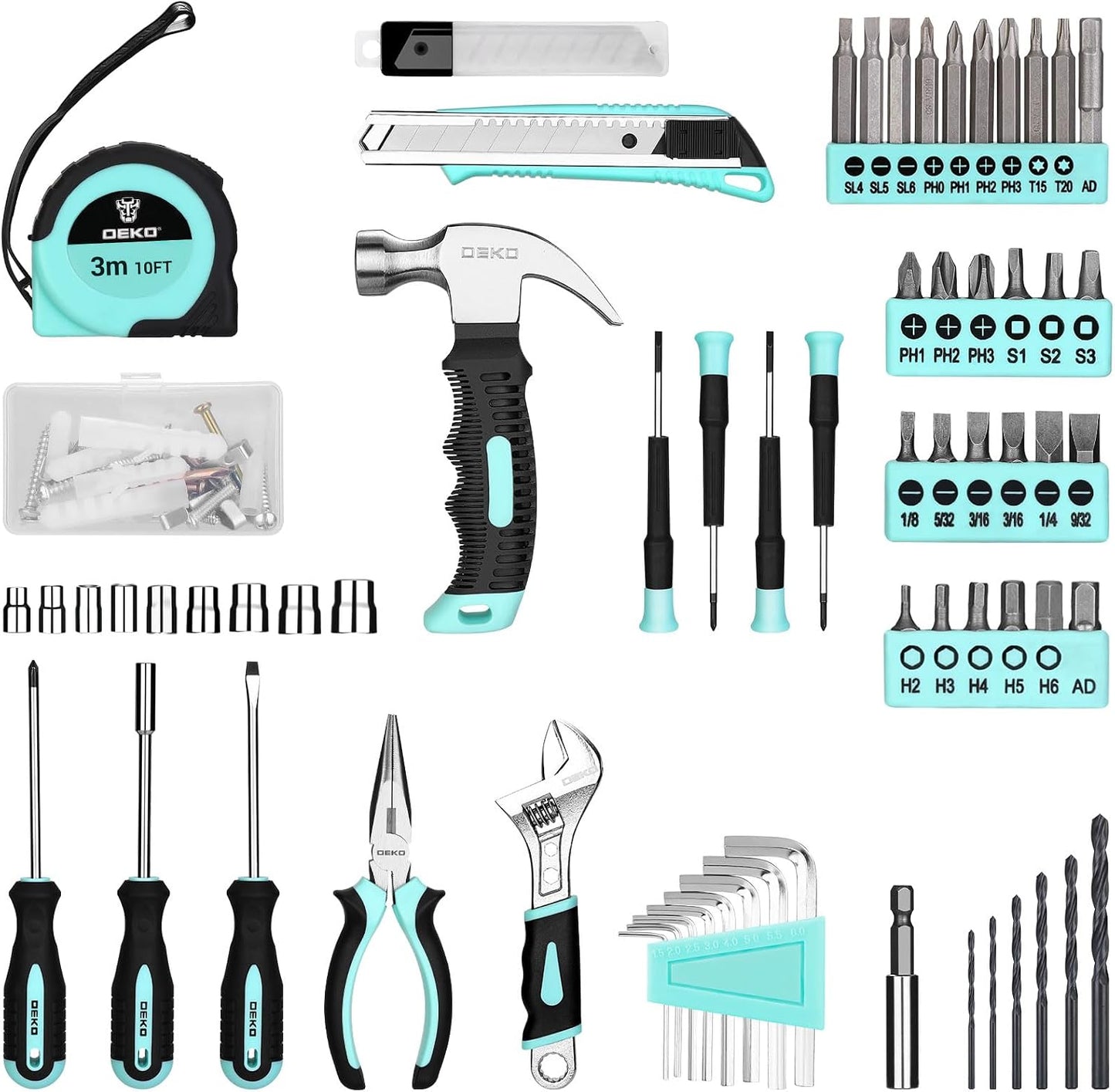 Tool Kit: 8V Cordless Drill, Home Toolbox with storage case, Hand Tool set for Home Repairs 126 Piece, Green