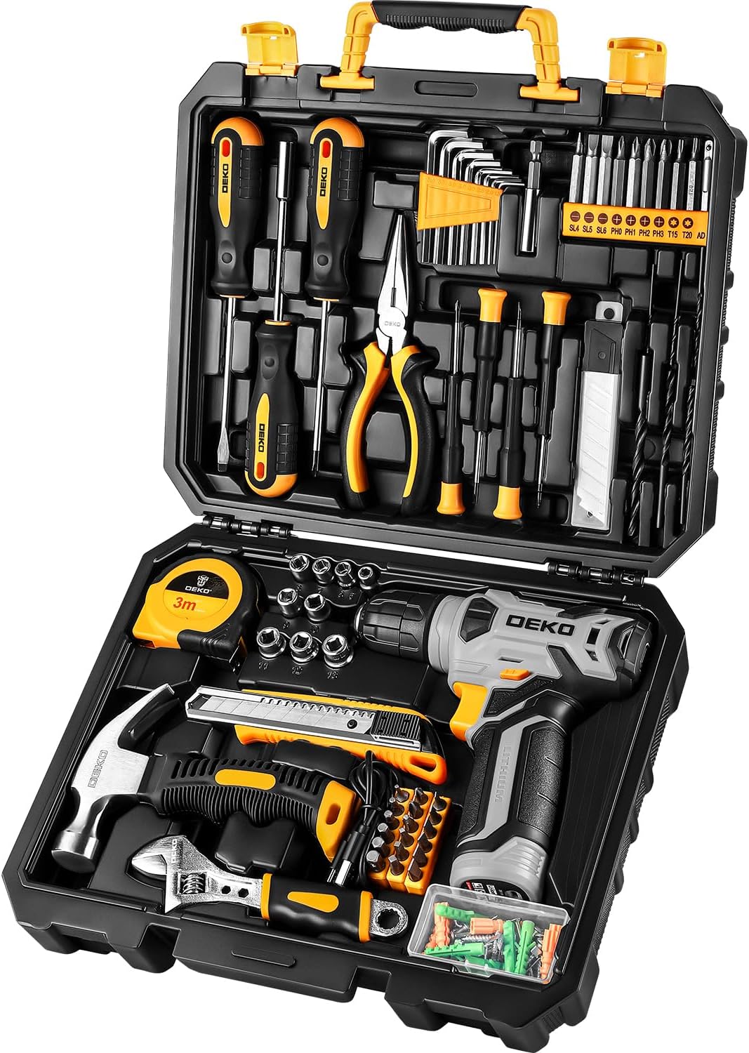 Tool Kit: 8V Cordless Drill, Home Toolbox with storage case, Hand Tool set for Home Repairs 126 Piece, Green