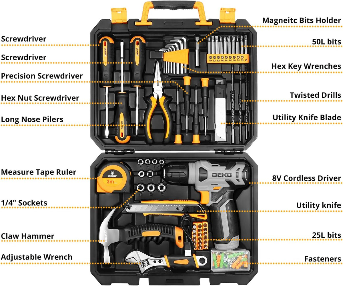Tool Kit: 8V Cordless Drill, Home Toolbox with storage case, Hand Tool set for Home Repairs 126 Piece, Green