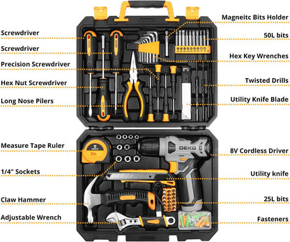 Tool Kit: 8V Cordless Drill, Home Toolbox with storage case, Hand Tool set for Home Repairs 126 Piece, Green