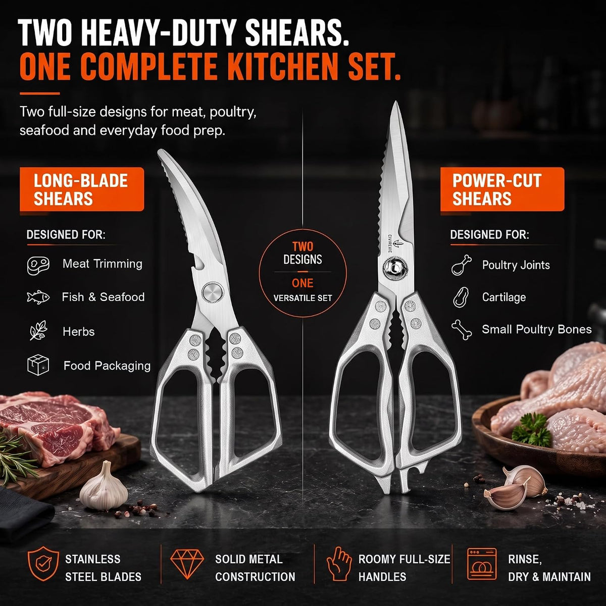 Heavy Duty Kitchen Shears 2 Pack, Full-Size Stainless Kitchen Scissors | Two Purpose-Built Designs for Poultry Joints, Meat, Seafood and Herbs