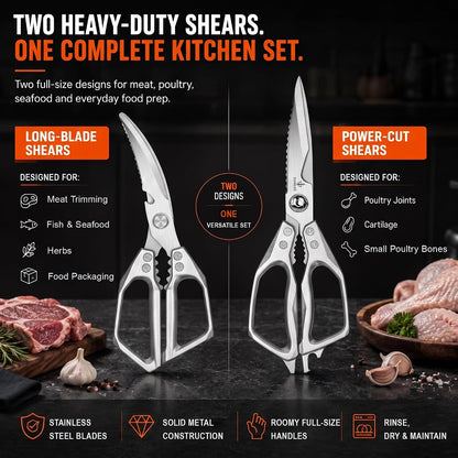 Heavy Duty Kitchen Shears 2 Pack, Full-Size Stainless Kitchen Scissors | Two Purpose-Built Designs for Poultry Joints, Meat, Seafood and Herbs