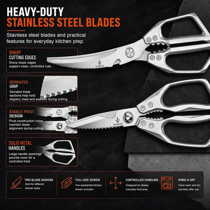 Heavy Duty Kitchen Shears 2 Pack, Full-Size Stainless Kitchen Scissors | Two Purpose-Built Designs for Poultry Joints, Meat, Seafood and Herbs