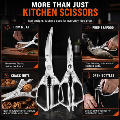 Heavy Duty Kitchen Shears 2 Pack, Full-Size Stainless Kitchen Scissors | Two Purpose-Built Designs for Poultry Joints, Meat, Seafood and Herbs
