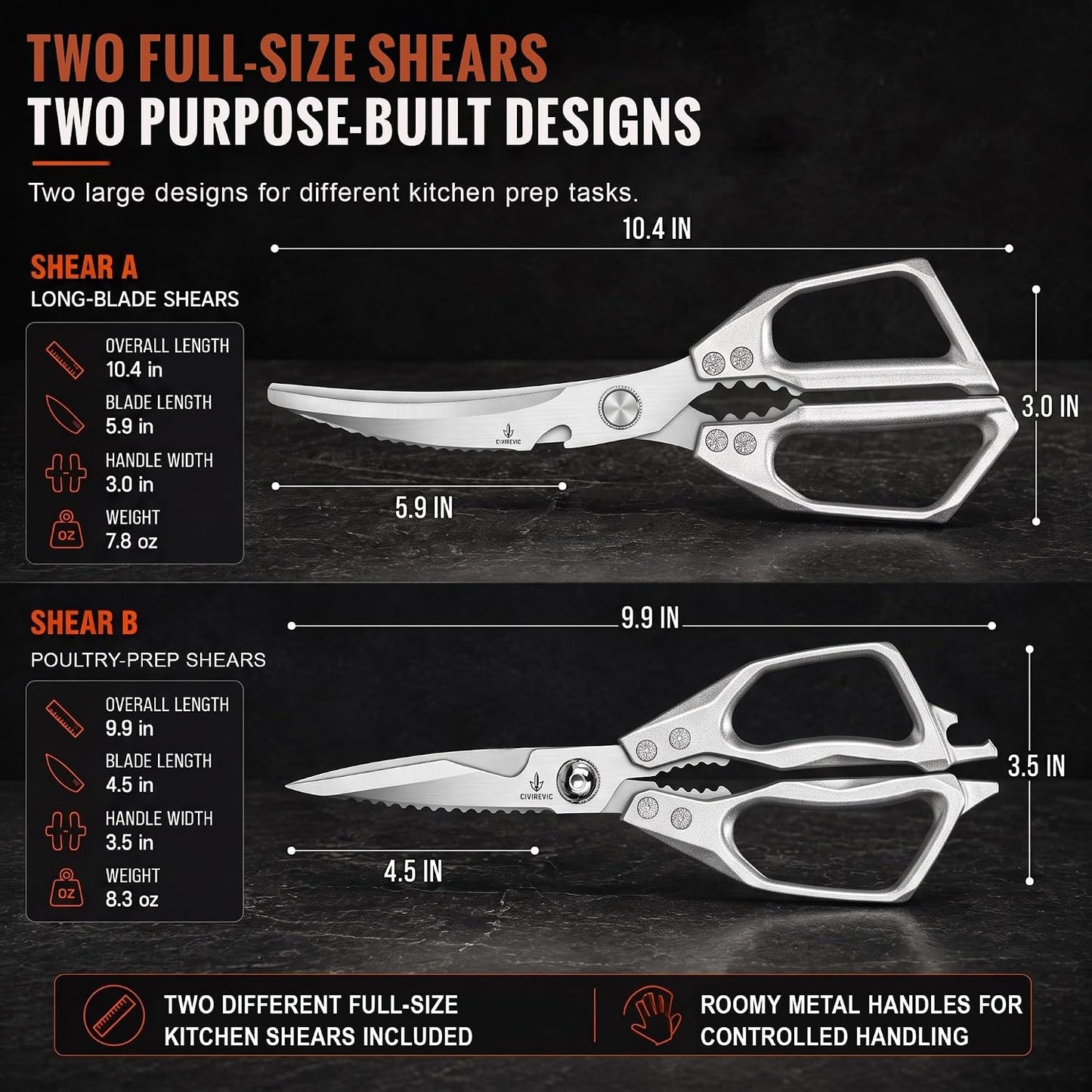 Heavy Duty Kitchen Shears 2 Pack, Full-Size Stainless Kitchen Scissors | Two Purpose-Built Designs for Poultry Joints, Meat, Seafood and Herbs