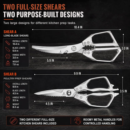 Heavy Duty Kitchen Shears 2 Pack, Full-Size Stainless Kitchen Scissors | Two Purpose-Built Designs for Poultry Joints, Meat, Seafood and Herbs