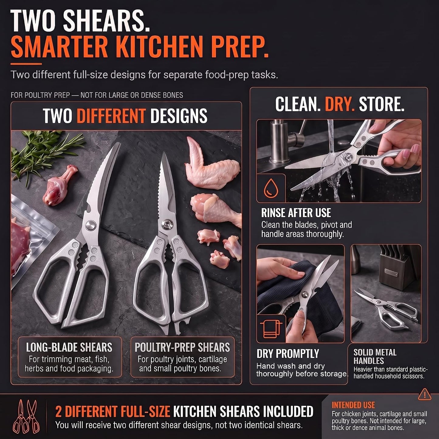 Heavy Duty Kitchen Shears 2 Pack, Full-Size Stainless Kitchen Scissors | Two Purpose-Built Designs for Poultry Joints, Meat, Seafood and Herbs