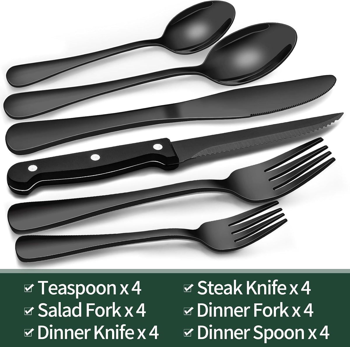 24-Piece Black Silverware Set with Steak Knives, Black Flatware Set for 4, Food-Grade Stainless Steel Tableware Cutlery Set, Mirror Finished Utensil Sets for Home Restaurant, Round Edge