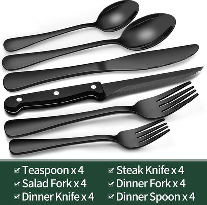 24-Piece Black Silverware Set with Steak Knives, Black Flatware Set for 4, Food-Grade Stainless Steel Tableware Cutlery Set, Mirror Finished Utensil Sets for Home Restaurant, Round Edge