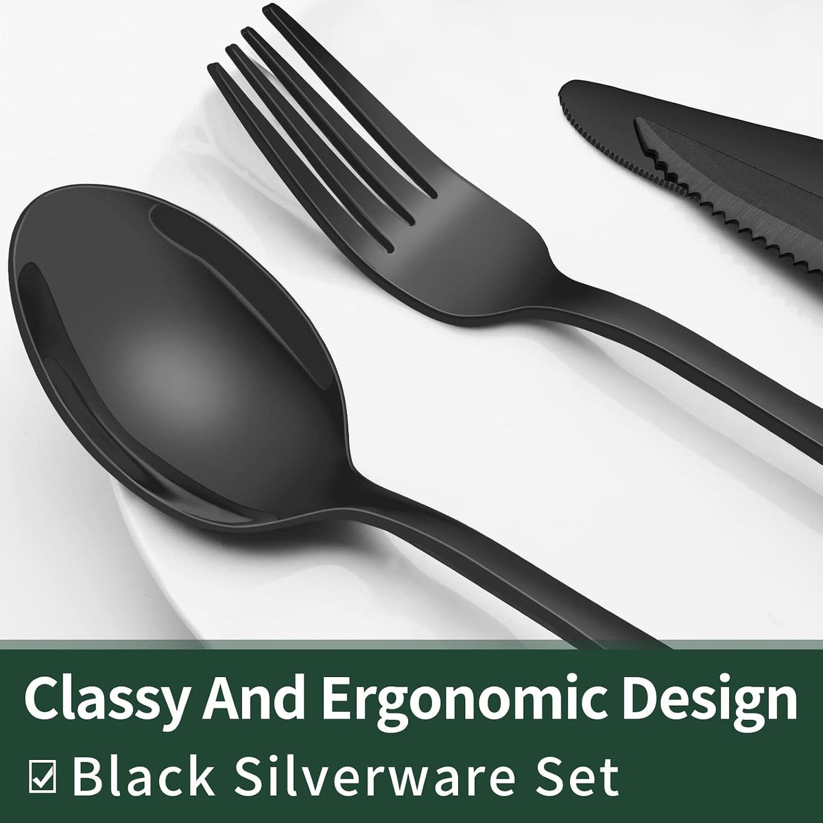 24-Piece Black Silverware Set with Steak Knives, Black Flatware Set for 4, Food-Grade Stainless Steel Tableware Cutlery Set, Mirror Finished Utensil Sets for Home Restaurant, Round Edge