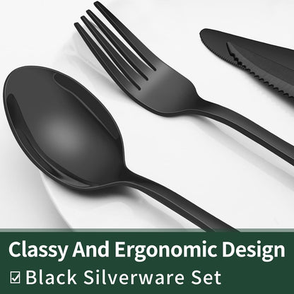 24-Piece Black Silverware Set with Steak Knives, Black Flatware Set for 4, Food-Grade Stainless Steel Tableware Cutlery Set, Mirror Finished Utensil Sets for Home Restaurant, Round Edge