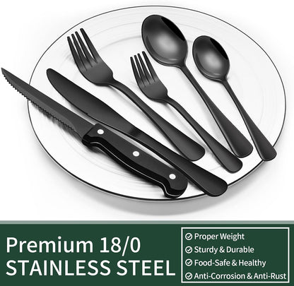 24-Piece Black Silverware Set with Steak Knives, Black Flatware Set for 4, Food-Grade Stainless Steel Tableware Cutlery Set, Mirror Finished Utensil Sets for Home Restaurant, Round Edge