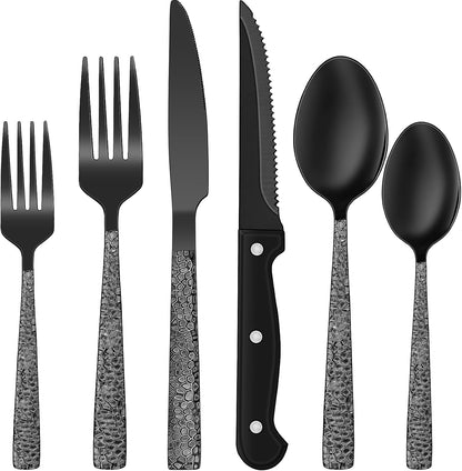 24-Piece Black Silverware Set with Steak Knives, Black Flatware Set for 4, Food-Grade Stainless Steel Tableware Cutlery Set, Mirror Finished Utensil Sets for Home Restaurant, Round Edge
