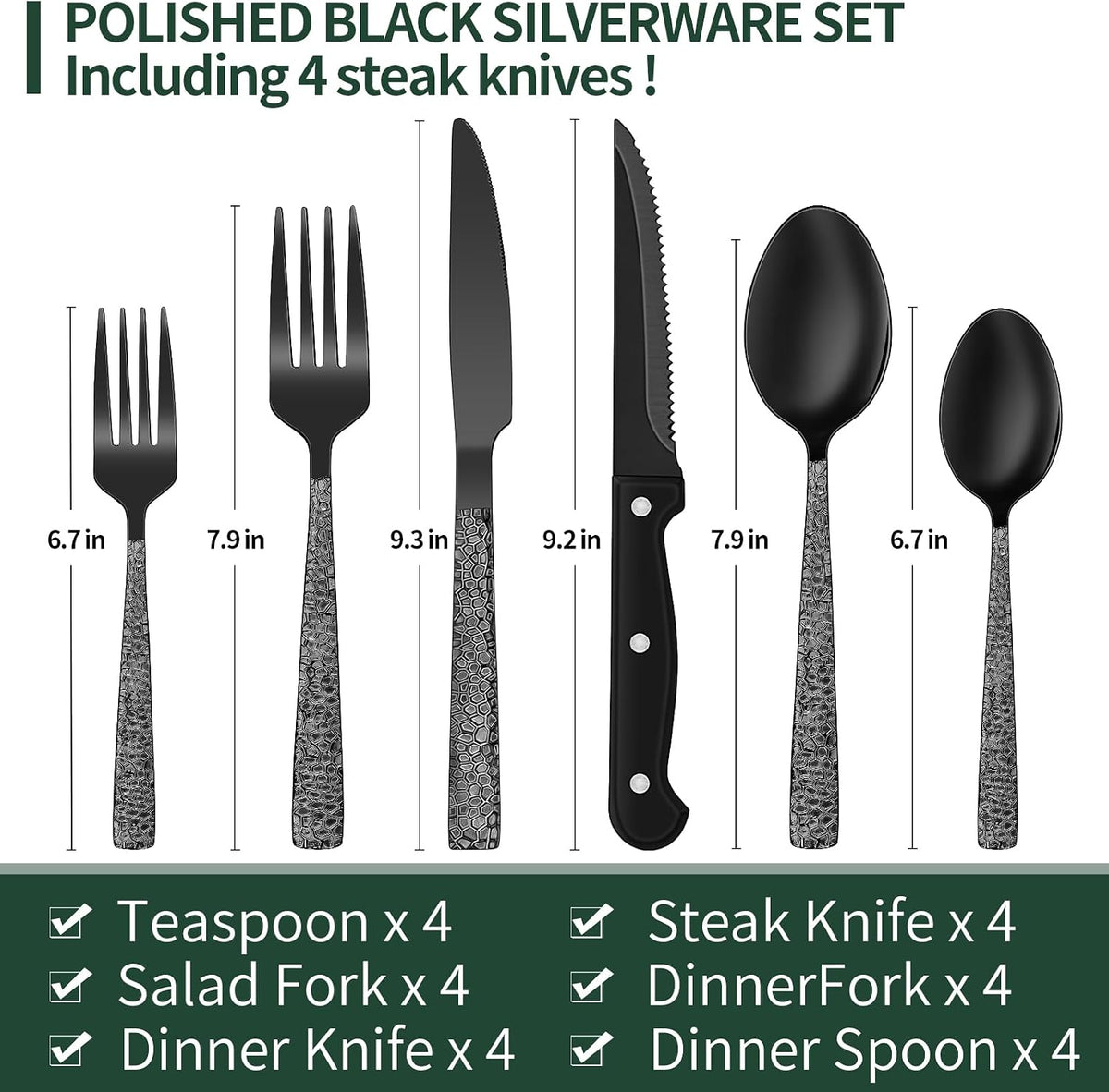 24-Piece Black Silverware Set with Steak Knives, Black Flatware Set for 4, Food-Grade Stainless Steel Tableware Cutlery Set, Mirror Finished Utensil Sets for Home Restaurant, Round Edge