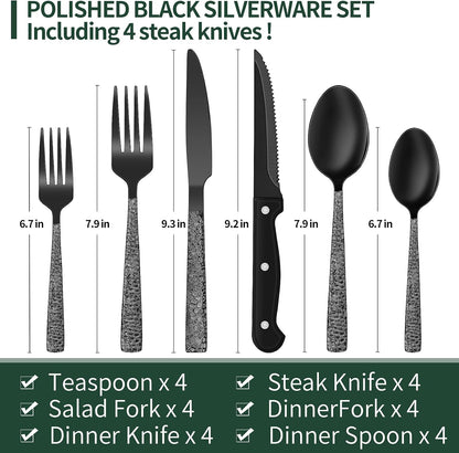 24-Piece Black Silverware Set with Steak Knives, Black Flatware Set for 4, Food-Grade Stainless Steel Tableware Cutlery Set, Mirror Finished Utensil Sets for Home Restaurant, Round Edge