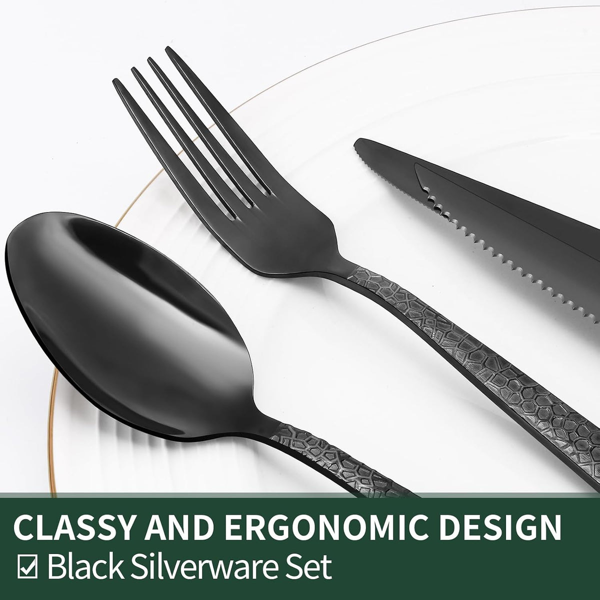 24-Piece Black Silverware Set with Steak Knives, Black Flatware Set for 4, Food-Grade Stainless Steel Tableware Cutlery Set, Mirror Finished Utensil Sets for Home Restaurant, Round Edge