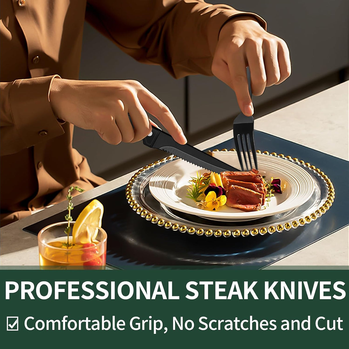24-Piece Black Silverware Set with Steak Knives, Black Flatware Set for 4, Food-Grade Stainless Steel Tableware Cutlery Set, Mirror Finished Utensil Sets for Home Restaurant, Round Edge