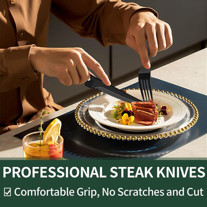 24-Piece Black Silverware Set with Steak Knives, Black Flatware Set for 4, Food-Grade Stainless Steel Tableware Cutlery Set, Mirror Finished Utensil Sets for Home Restaurant, Round Edge
