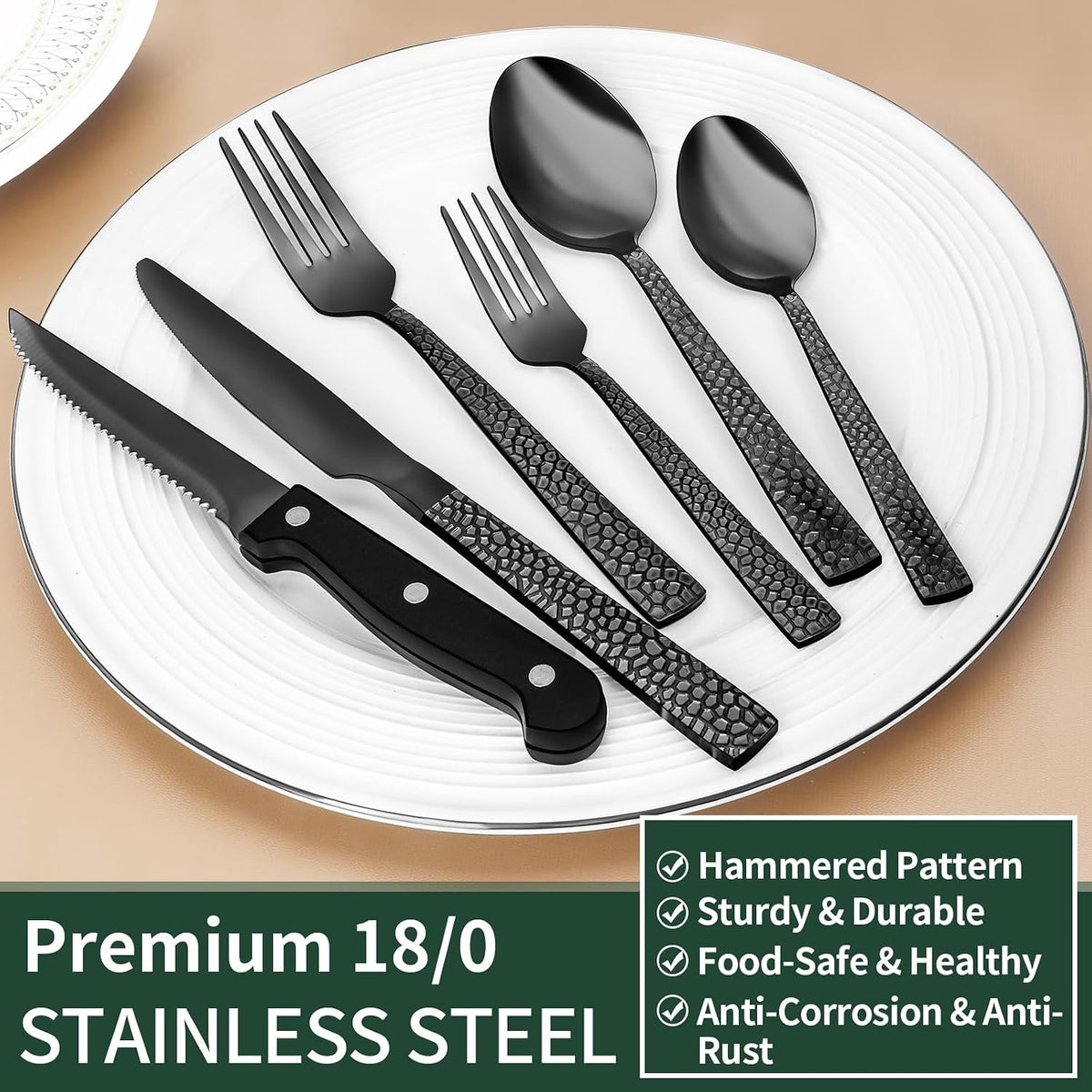 24-Piece Black Silverware Set with Steak Knives, Black Flatware Set for 4, Food-Grade Stainless Steel Tableware Cutlery Set, Mirror Finished Utensil Sets for Home Restaurant, Round Edge