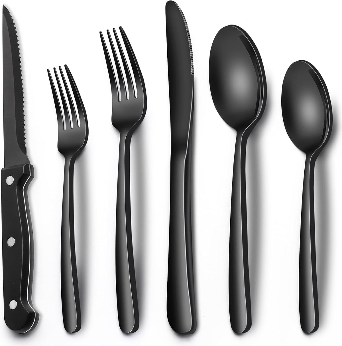 24-Piece Black Silverware Set with Steak Knives, Black Flatware Set for 4, Food-Grade Stainless Steel Tableware Cutlery Set, Mirror Finished Utensil Sets for Home Restaurant, Round Edge