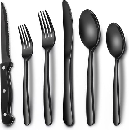 24-Piece Black Silverware Set with Steak Knives, Black Flatware Set for 4, Food-Grade Stainless Steel Tableware Cutlery Set, Mirror Finished Utensil Sets for Home Restaurant, Round Edge