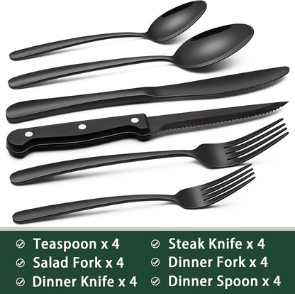 24-Piece Black Silverware Set with Steak Knives, Black Flatware Set for 4, Food-Grade Stainless Steel Tableware Cutlery Set, Mirror Finished Utensil Sets for Home Restaurant, Round Edge