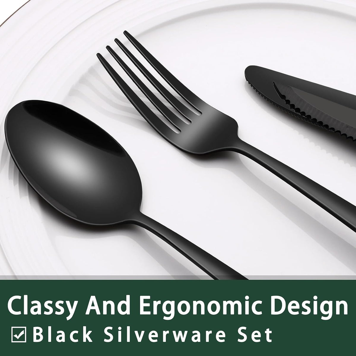 24-Piece Black Silverware Set with Steak Knives, Black Flatware Set for 4, Food-Grade Stainless Steel Tableware Cutlery Set, Mirror Finished Utensil Sets for Home Restaurant, Round Edge