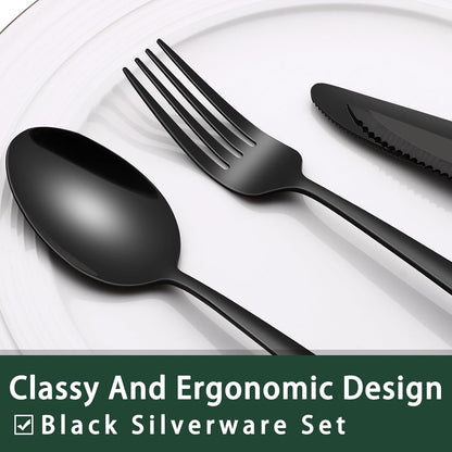 24-Piece Black Silverware Set with Steak Knives, Black Flatware Set for 4, Food-Grade Stainless Steel Tableware Cutlery Set, Mirror Finished Utensil Sets for Home Restaurant, Round Edge