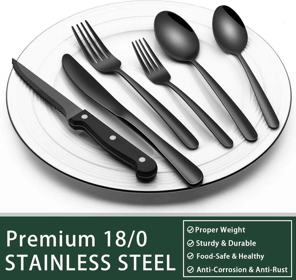 24-Piece Black Silverware Set with Steak Knives, Black Flatware Set for 4, Food-Grade Stainless Steel Tableware Cutlery Set, Mirror Finished Utensil Sets for Home Restaurant, Round Edge