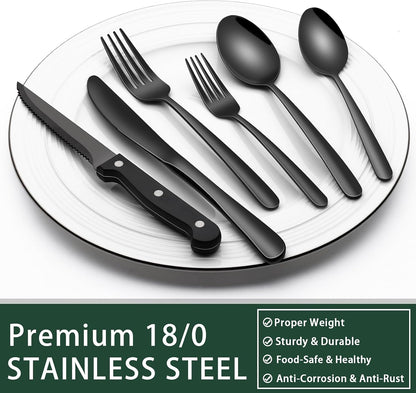 24-Piece Black Silverware Set with Steak Knives, Black Flatware Set for 4, Food-Grade Stainless Steel Tableware Cutlery Set, Mirror Finished Utensil Sets for Home Restaurant, Round Edge