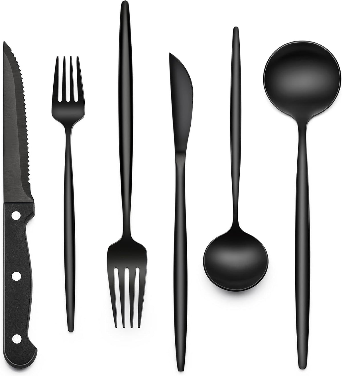 24-Piece Black Silverware Set with Steak Knives, Black Flatware Set for 4, Food-Grade Stainless Steel Tableware Cutlery Set, Mirror Finished Utensil Sets for Home Restaurant, Round Edge