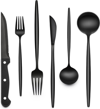 24-Piece Black Silverware Set with Steak Knives, Black Flatware Set for 4, Food-Grade Stainless Steel Tableware Cutlery Set, Mirror Finished Utensil Sets for Home Restaurant, Round Edge